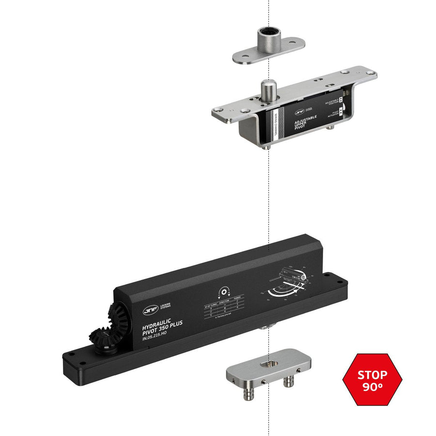 Heavy-duty hydraulic pivot system with soft close and hold open features for large swing doors up to 771 lbs model JK05215HO