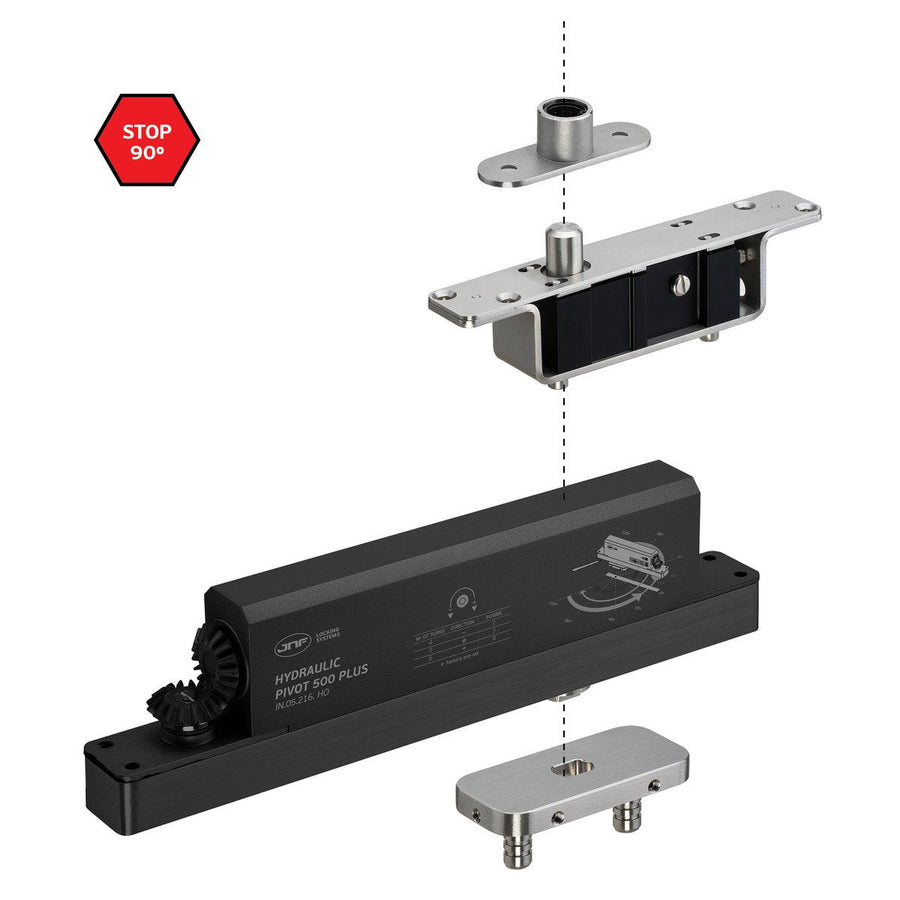 Heavy-duty JNF hydraulic pivot system with soft close, hold open, 90-degree stop, stainless steel, supports up to 1102 lbs door