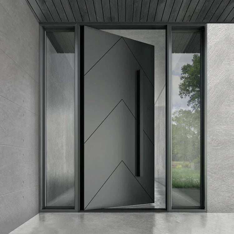 black modern swinging door with bottom spring pivot hinge in stainless steel frame