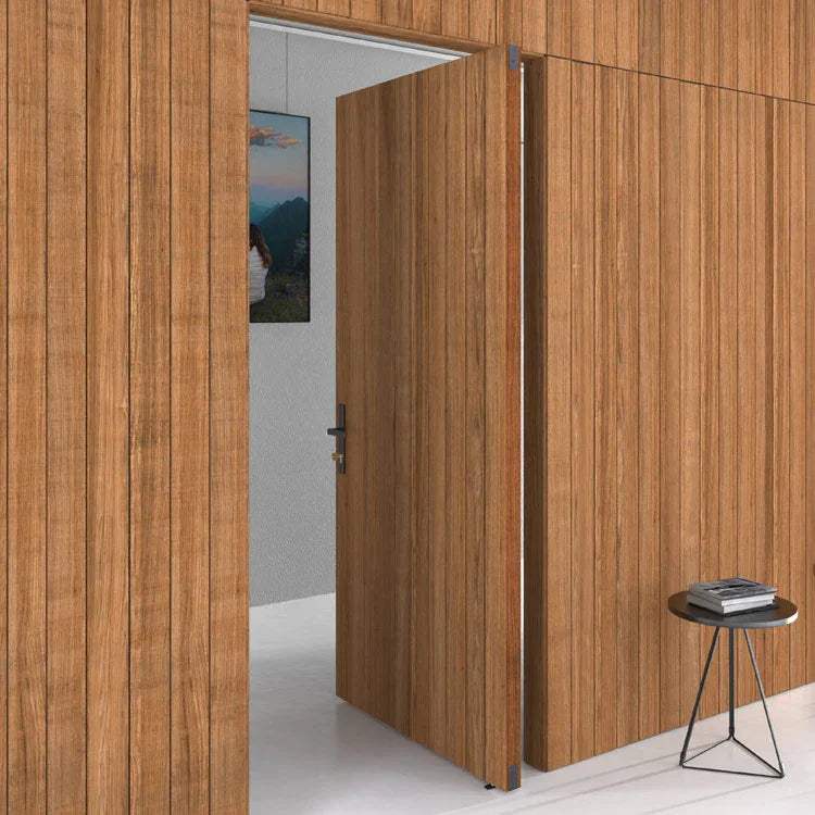 Wooden door installed with stainless steel top door pivot hinge for smooth ceiling-height door movement