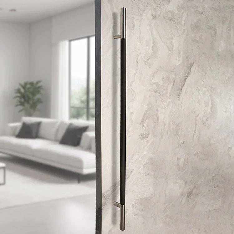 50-inch knurled ladder pull handle in satin and black finish, 304 stainless steel, modern design mounted on door