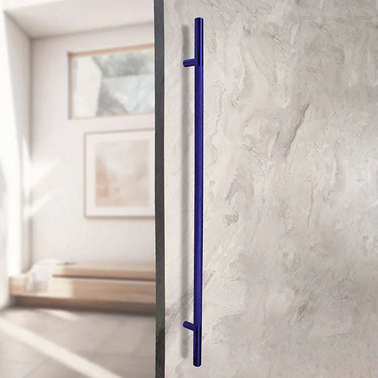 50-inch blue finished knurled ladder pull handle made of 304 stainless steel mounted on a textured wall