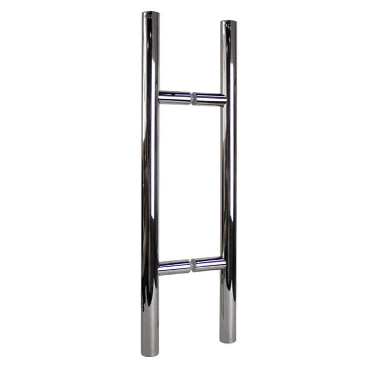 Polished 304 stainless steel ladder pull handle back-to-back with two mid-posts for wood doors