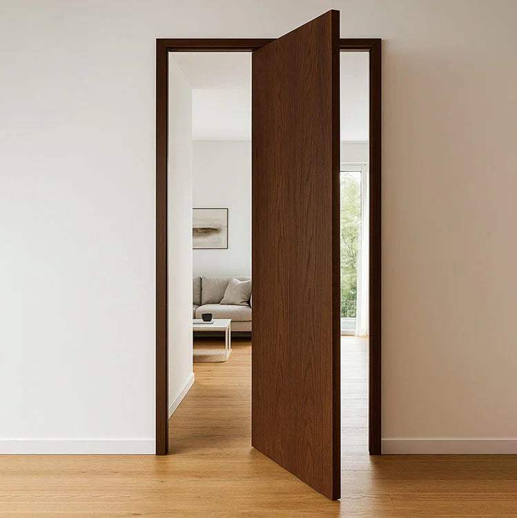 Modern wooden door installed with stainless steel door pivot hinge opening inward in minimalistic interior