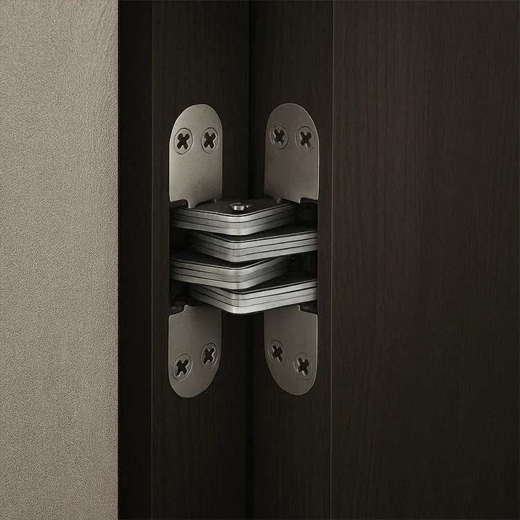 3 way concealed hinge installed on dark wood door with metal plates and screws