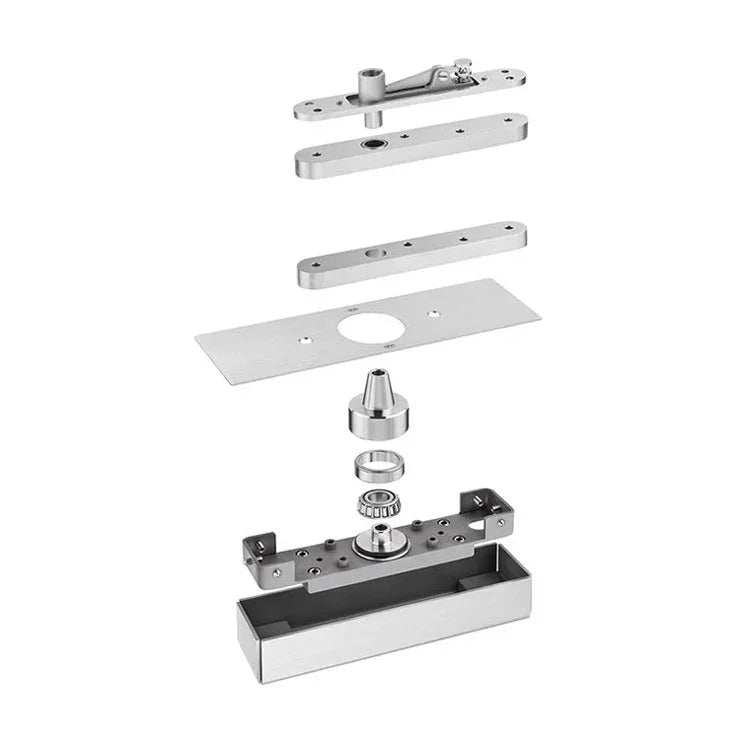 Heavy duty stainless steel free-swing door pivot for doors up to 1100 lbs with 360-degree movement and 3-way adjustability