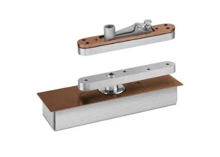 Heavy duty stainless steel free-swing door pivot set with satin finish, adjustable for doors up to 1100 lbs and 59-inch width