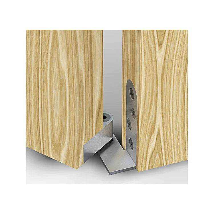Stainless steel one-way door pivot hinge with satin finish for secret doors and bookshelves, adjustable height and hidden design