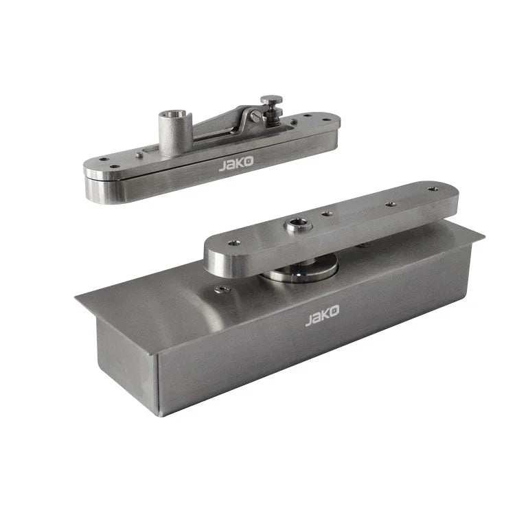 Heavy duty stainless steel door pivot set with satin finish, 1100 lbs capacity, 360-degree movement, model JK05500