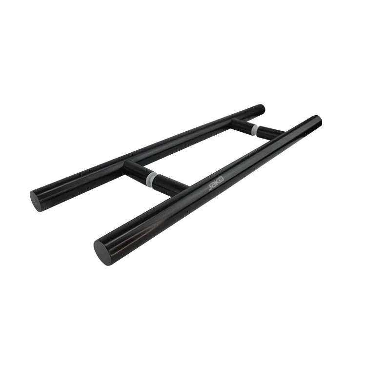 Black finish ladder pull handle made of 304 stainless steel with back-to-back design and solid mid-posts for wood doors