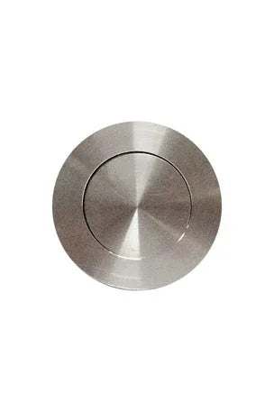 Polished stainless steel round pocket door handle with spring-loaded cover and satin finish