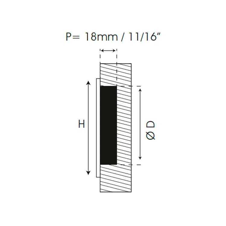 Stainless steel pocket door handle with black plastic insert and screw cutouts technical drawing