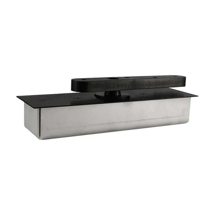 JNF heavy duty free-swing door pivot in stainless steel with black finish, supports up to 1100 lbs and 360° movement