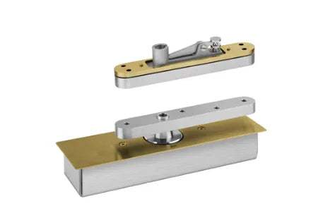 Heavy duty stainless steel free-swing door pivot with satin finish, adjustable, supports up to 1100 lbs for large doors